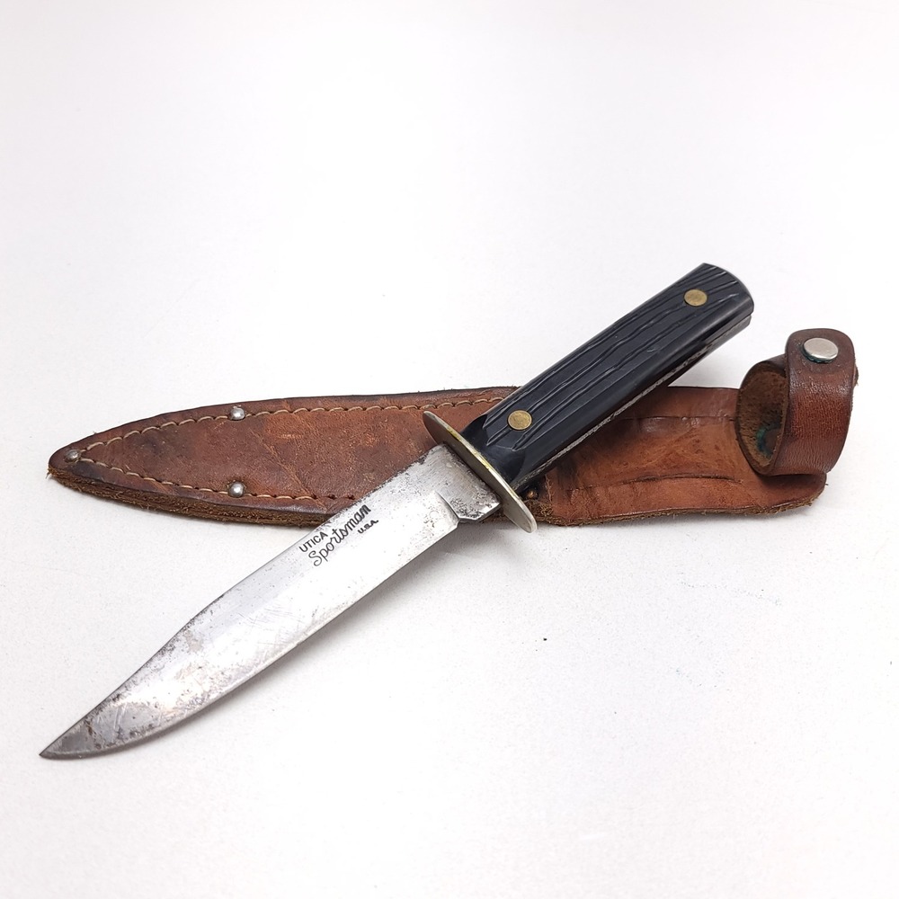 Utica Sportsman USA 5" Fixed Blade Hunting Knife Black Handle Leather Sheath